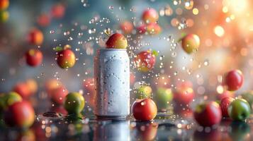 AI generated Aluminum can with water drops on blurred background with red and green apples photo