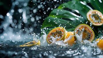 AI generated Fresh fruit with water splash on black background. photo