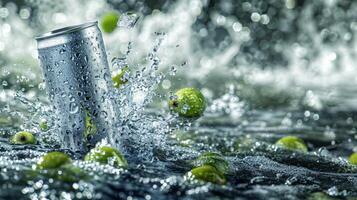 AI generated Aluminum can with green olives falling into water splashes on black background photo