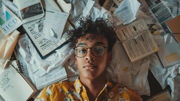 AI generated African american office worker in eyeglasses lying on pile of papers photo