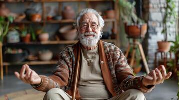 AI generated Senior man meditating in the lotus position photo