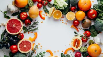 AI generated Creative layout made of fresh fruits and vegetables on white background. Top view photo