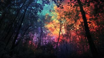 AI generated Sunset in the forest. Colorful abstract background. photo