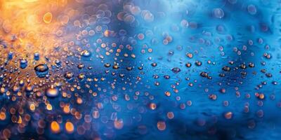AI generated Water drops on blue background with bokeh defocused lights. photo