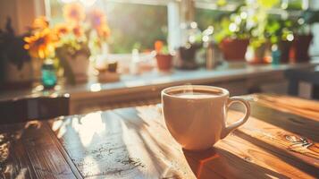 AI generated Coffee cup on wooden table in coffee shop with sun flare photo