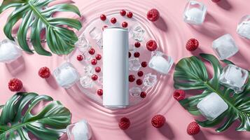 AI generated Jar mockup with ice cubes, raspberries and tropical leaves on pink background photo