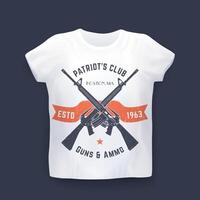 Patriots club vintage print with guns, assault rifles, t-shirt design on mockup vector