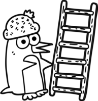 hand drawn black and white cartoon penguin with ladder icon png