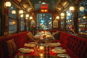 AI Generated Vintage train car dining experience with period details and intimate seating photo