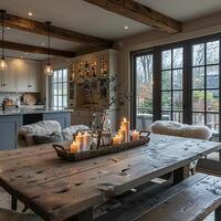 AI Generated Warm and inviting dining room with a rustic farmhouse table and candle chandelier photo