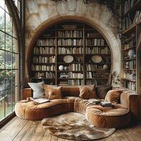 AI Generated Warm-toned library with built-in bookshelves and a cozy reading nook photo