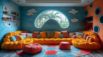 AI Generated Whimsical childrens playroom with bright colors and imaginative decor photo