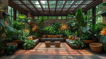 AI Generated Tropical conservatory with exotic plants and a glass roof photo