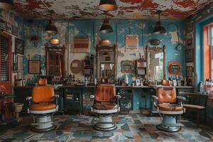 ai generado Clásico barbería interior con clásico sillas y nostálgico decoración foto