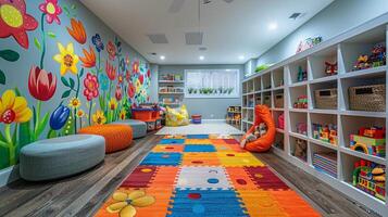 AI Generated Vibrant playroom with wall murals and creative storage solutions photo