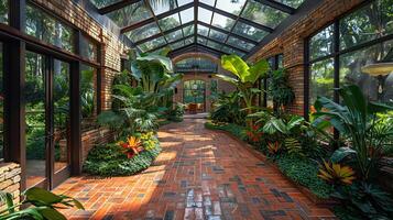 AI Generated Tropical conservatory with exotic plants and a glass roof photo