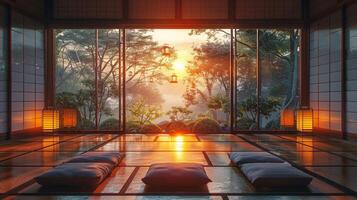 AI Generated Traditional Japanese tea room with tatami flooring and shoji screens photo