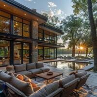 AI Generated Serene lake house with panoramic views and open living spaces photo