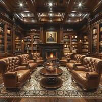 AI Generated Sophisticated cigar lounge with rich leather chairs and wood accents photo