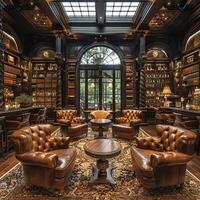 AI Generated Sophisticated cigar lounge with rich leather chairs and wood accents photo