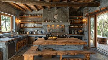 ai generado rústico casa de Campo cocina con un grande de madera mesa y antiguo accesorios foto