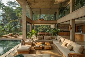 AI Generated Sleek and spacious open-plan living area with floor-to-ceiling windows photo