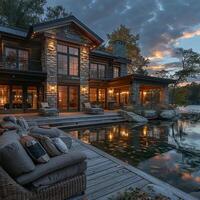 AI Generated Serene lake house with panoramic views and open living spaces photo