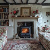 AI Generated Traditional English cottage living room with floral patterns and cozy fireplace photo