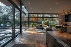 AI Generated Sleek and spacious open-plan living area with floor-to-ceiling windows photo