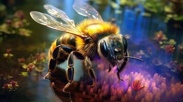 ai generado abeja con ojos dos veces como grande, adornado en arco iris colores en ambos lados, ai generado. foto