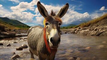 ai generado Burro con ojos dos veces como grande, adornado en arco iris colores en ambos lados, ai generado. foto