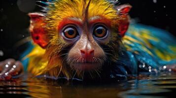 AI generated monkey with eyes twice as big, adorned in rainbow colors on both sides, Ai Generated. photo