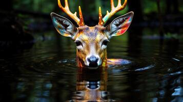 ai generado ciervo con ojos dos veces como grande, adornado en arco iris colores en ambos lados, ai generado. foto