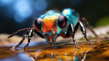 ai generado hormiga con ojos dos veces como grande, adornado en arco iris colores en ambos lados, ai generado. foto