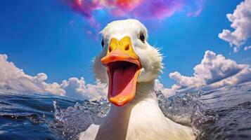 AI generated duck with eyes twice as big, adorned in rainbow colors on both sides, Ai Generated. photo