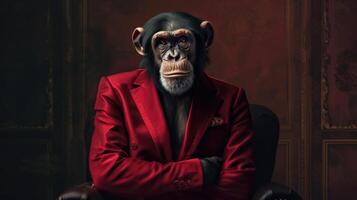 ai generado un mono exuda clase en un elegante rojo traje, retratar un exitoso líder y confidente hidalgo, ai generado. foto