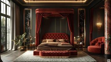 ai generado opulento dormitorio con un terciopelo pabellón cama y oro decorativo elementos foto
