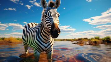 AI generated zebra with eyes twice as big, adorned in rainbow colors on both sides, Ai Generated. photo
