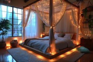 AI Generated Romantic bedroom with soft lighting sheer curtains photo