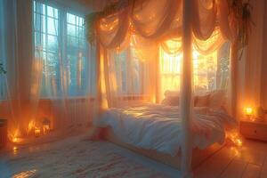 AI Generated Romantic bedroom with soft lighting sheer curtains photo