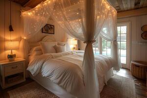 AI Generated Romantic bedroom with soft lighting sheer curtains photo