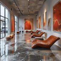 AI Generated Minimalist gallery space with abstract art and polished concrete floors photo