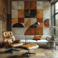ai generado medio siglo moderno vivo habitación con icónico mueble y geométrico patrones foto