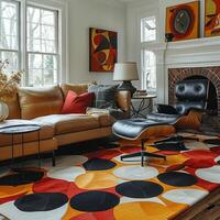 AI Generated Mid-century modern living room with iconic furniture and geometric patterns photo