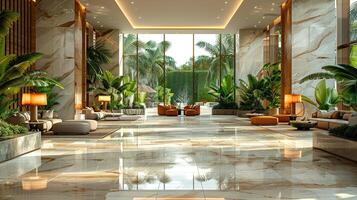 AI Generated Lavish hotel lobby with marble floors lush plants photo