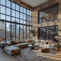 AI Generated Minimalist urban loft with exposed brick and large photo