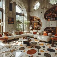 AI Generated Mid-century modern living room with iconic furniture and geometric patterns photo