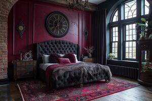 AI Generated Modern Gothic bedroom with dark colors and dramatic decor photo
