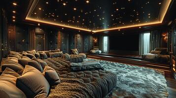 AI Generated Luxurious home theater with plush seating and state-of-the-art sound system photo