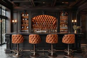 AI Generated Luxe home bar with dark wood paneling and leather bar stools photo